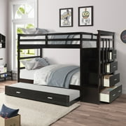 CoSoTower Solid Wood Bunk Bed, Hardwood Twin Over Twin Bunk Bed With Trundle And Staircase, Natural Espresso Finish