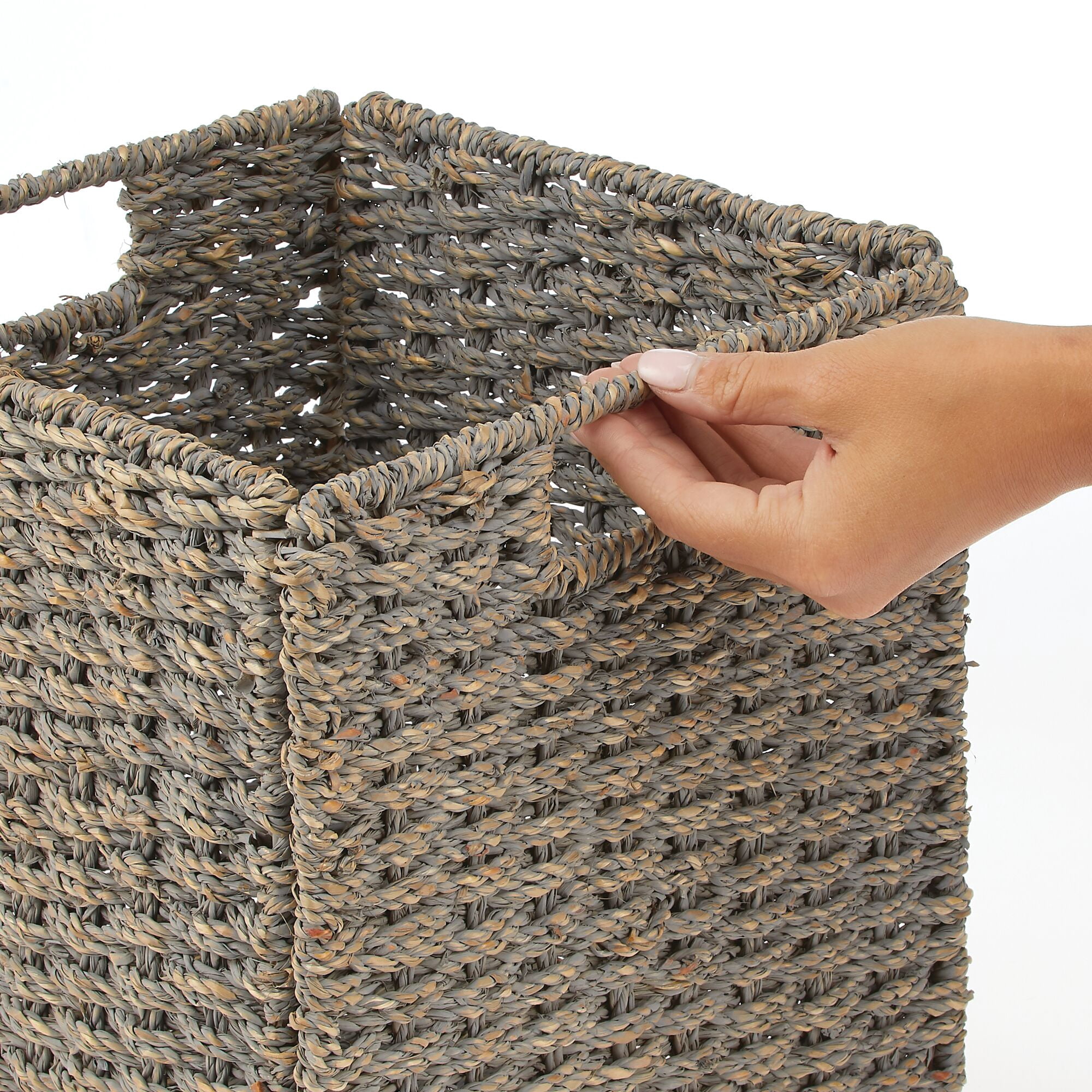 mDesign Seagrass Woven Kitchen Basket Organizer, Handles, 4 Pack, Gray Wash