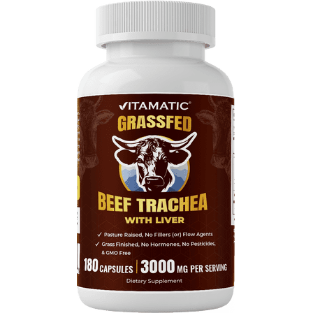 Vitamatic Grass-Fed Beef Trachea with Liver Supplement Freeze-Dried Non-GMO Pasture-Raised 180 Capsules