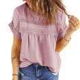 thumbnail image 1 of Camiseta de manga corta de Color puro de verano, blusa con cuello redondo y empalme de encaje de punto suizo, 1 of 6