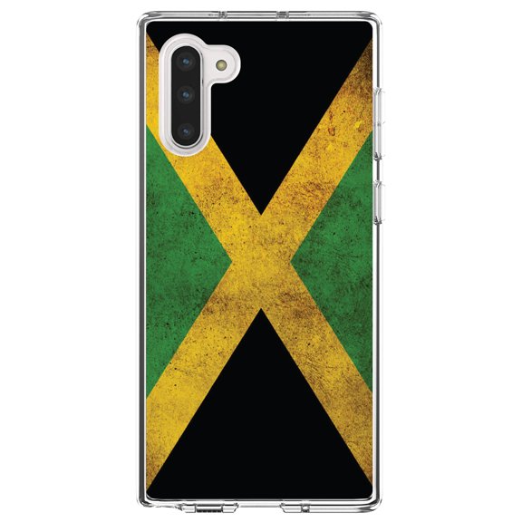 DistinctInk Clear Shockproof Hybrid Case for Samsung Galaxy Note 10 (6.3" Screen) - TPU Bumper, Acrylic Back, Tempered Glass Screen Protector - Jamaica Old Flag Black Green Yellow - Jamaica