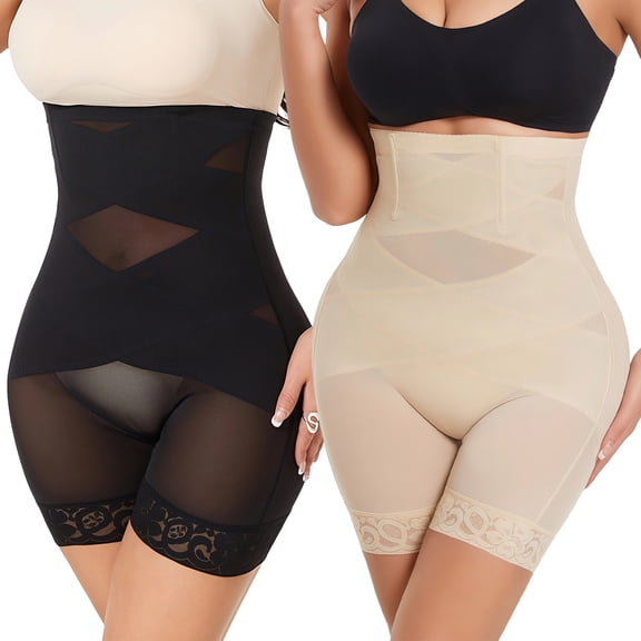 2Pcs Women's High Waisted Shaper Shorts, Tummy Control Butt Lifter with Mesh Lace Trim