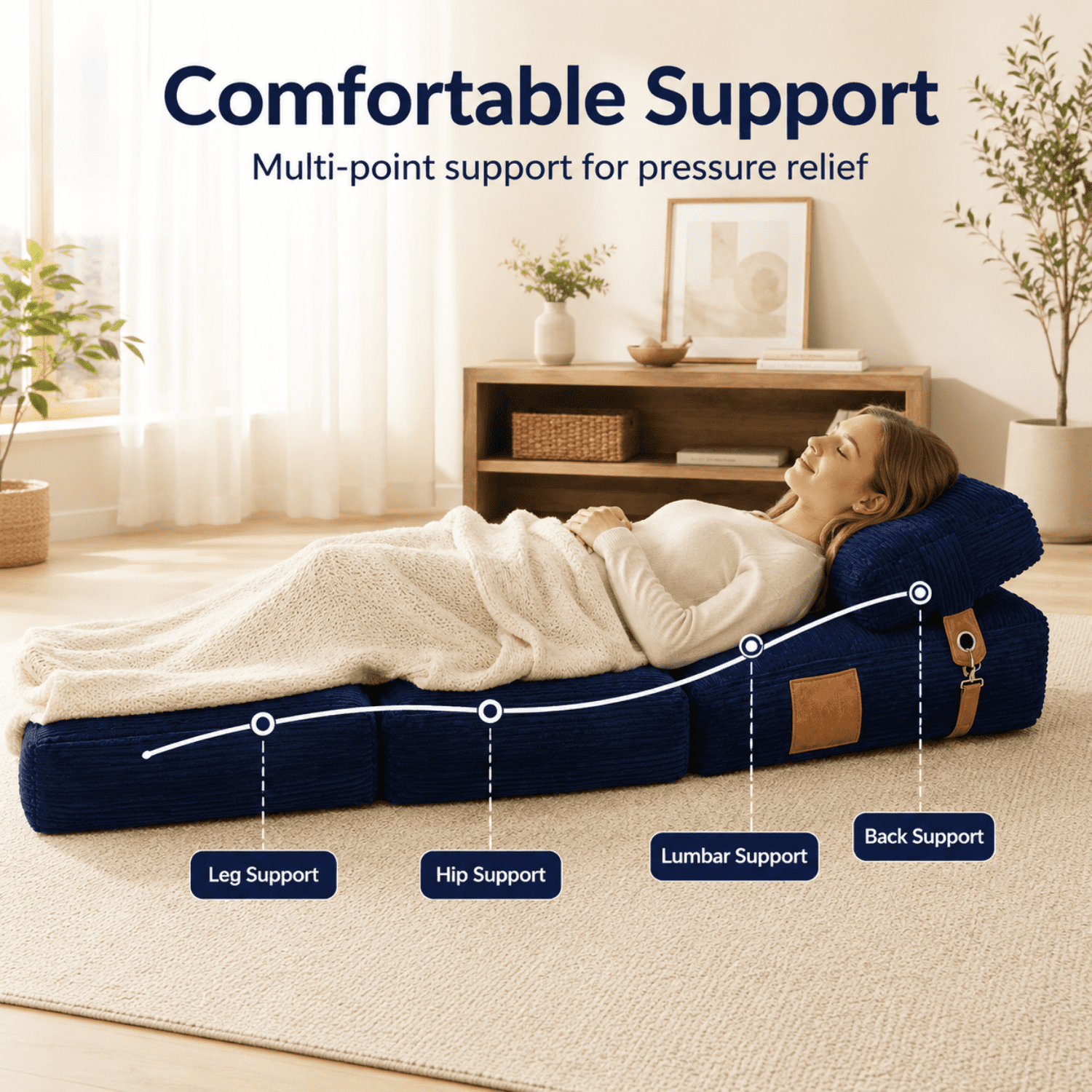 Miniyam Folding Floor Chair Bed, 3-in-1 Convertible Floor Sofa Bed with Flannelette Upholstery and Side Pockets, Blue