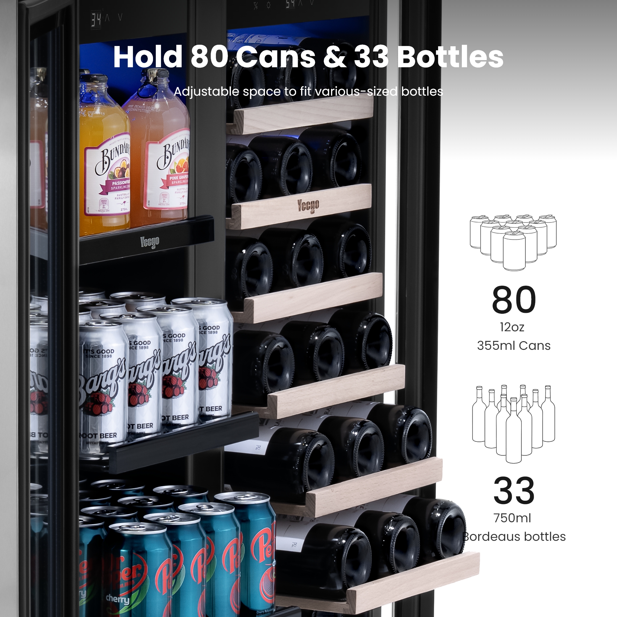 Yeego 30 inch Wine and Beverage Cooler Refrigerator, Hold 80 Cans and 33 Bottles Dual Zone Wine Fridge with French Door, Built-in or Freestanding