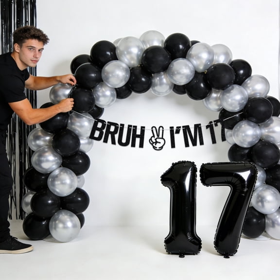 17th Birthday Decorations Set - BRUH & Peace Theme Black Silver Party Supplies for Teen Celebrations