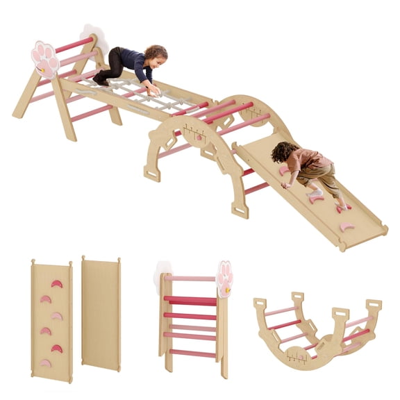 Toddler Climbing Triangle Set 4 in 1 Wooden Climbing Toys Indoor, Kids Jungle Gym with Ramp and Arch, Developmental Play Structure for Toddlers 1-3, Color Finish