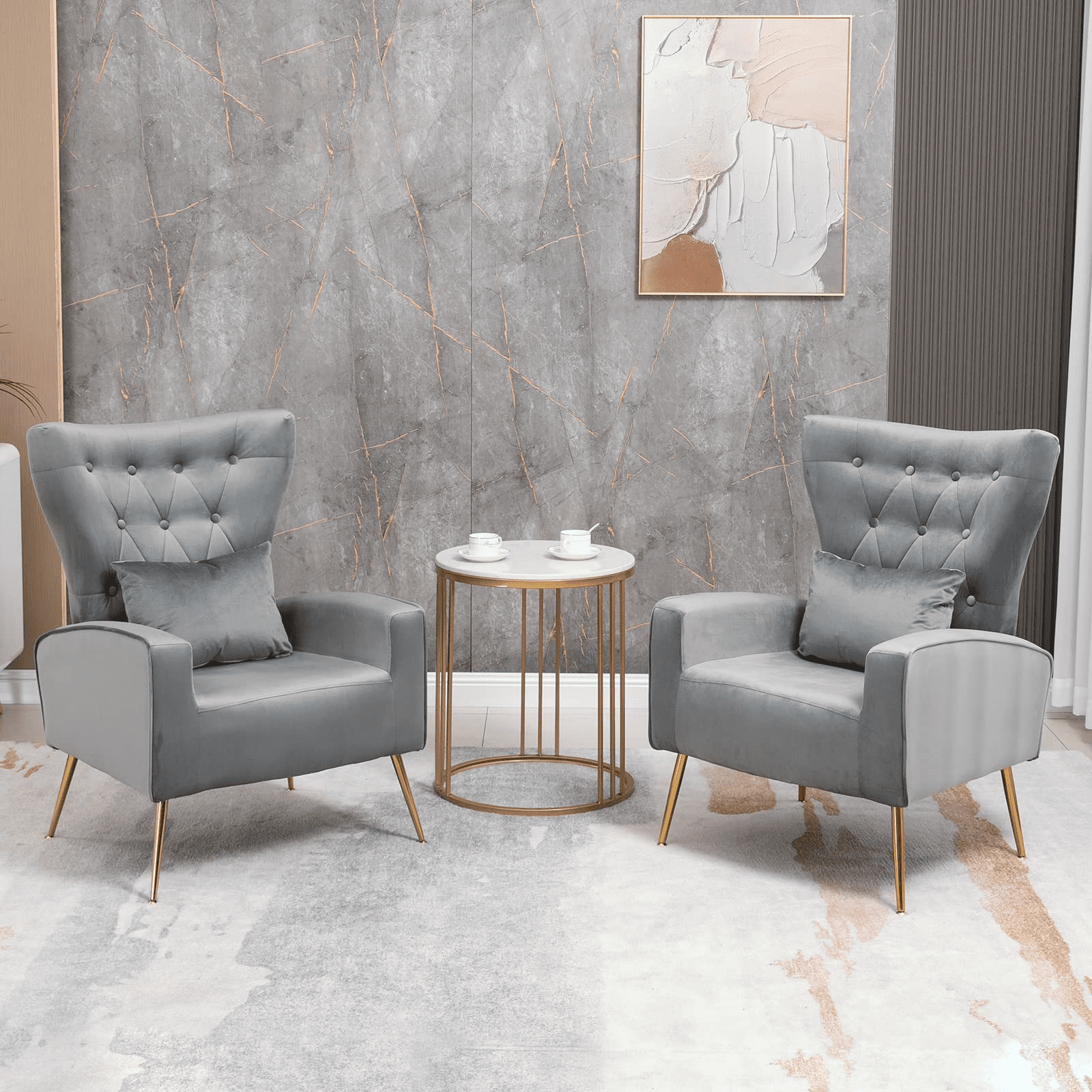 Modern Upholstered Living Room Chairs Set of 2, Wingback Velvet Accent