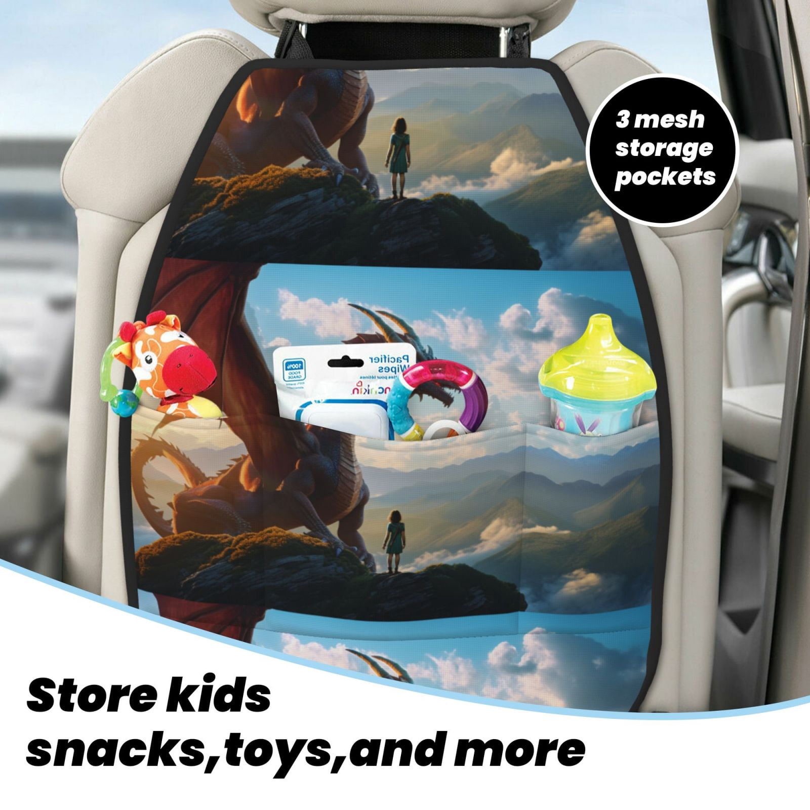 Xecao Clear Sky Mountain Red Dragon Pattern Car Seat Back Protector 2 Pack Large Capacity Pocket, Kick Mats Back Seat Protector