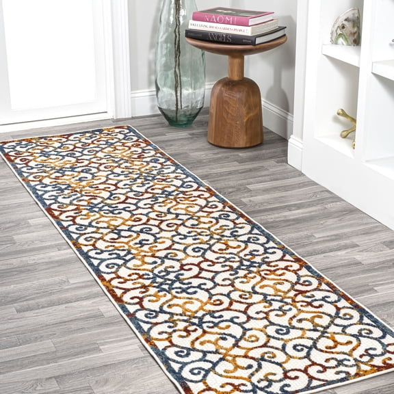 JONATHAN Y AMALFI COAST 2 x 8 Runner Rug, Atrani Scroll Trellis - Cream/Blue/Red, AMC110A-28