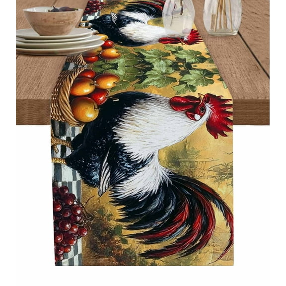 Black White Retro Rooster Burlap Cotton Table Runner 13x48 Inches Long, Farmhouse Animals Watercolor Farmhouse Table Runners, Outdoor Dining Tablecloths Decor for Baby Shower/Party/Wedding