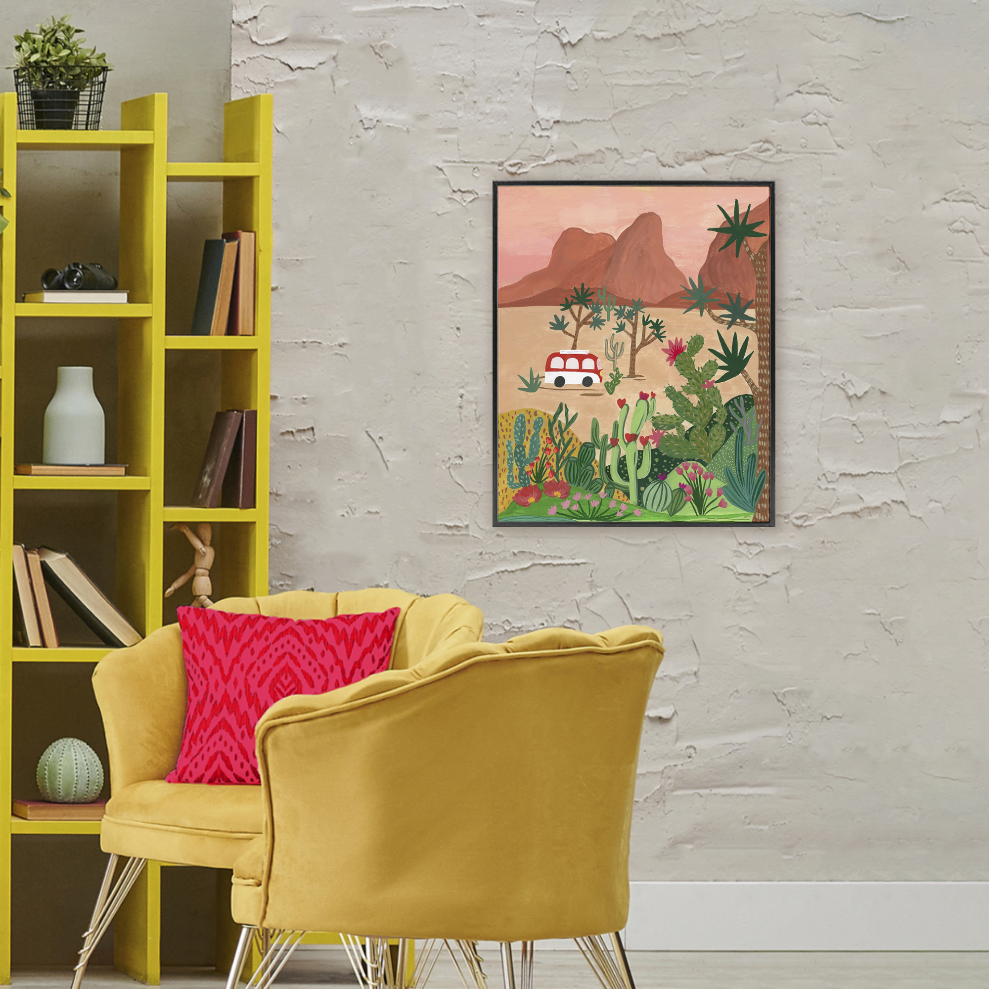 Desert Camper & Cacti Black Framed Giclee Art, design by Nabeela Rumi