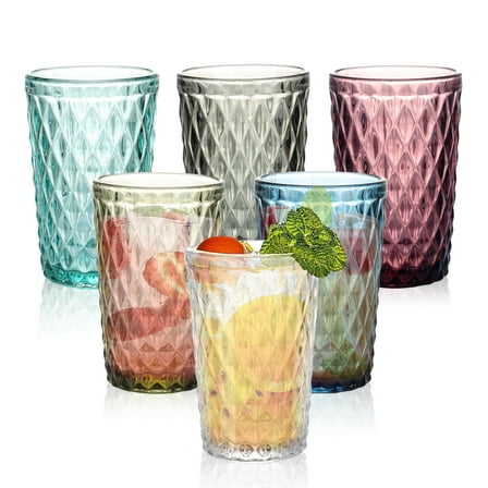 6-Piece 350ml Retro Colored Vintage Glass Drinking Set – Embossed Diamond Check Design for Beverages