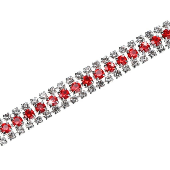 Uxcell Crystal Rhinestone Close Chain Trim, 3 Rows 1 Yards Dress Embellishments, Sparkly Diamond Strips Applique for Craft [Silver-Based Light Red]
