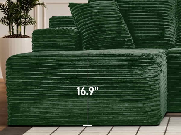MAYEERTY 107-Inch Green Faux Rabbit Hair Corduroy 6-Seat L-Shaped Modular Cloud Sofa, Minimalist Deep Seat Sleeper Sectional with Recliner, No Assembly Required