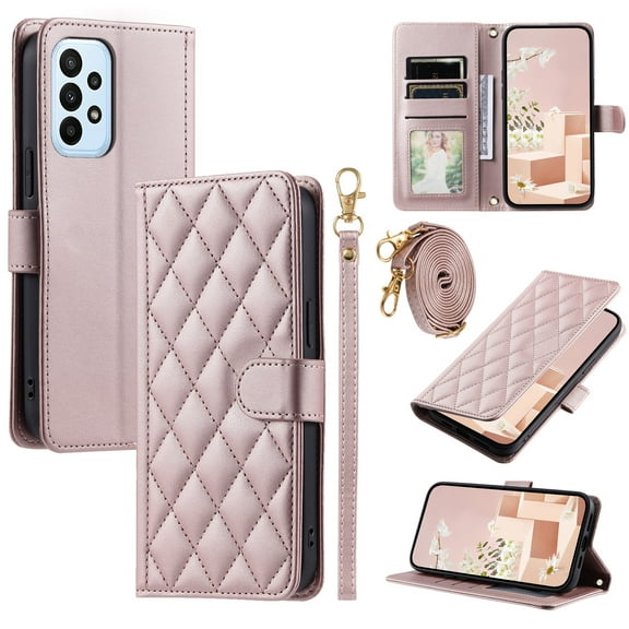 TECH CIRCLE For Galaxy A23 4G Case Wallet for Women Girl,Luxury PU Leather Crossbody Wristlet Strap Kickstand Slim Card Holder Slots Wallet Case for Samsung Galaxy A23 6.6" 2022,Rosegold