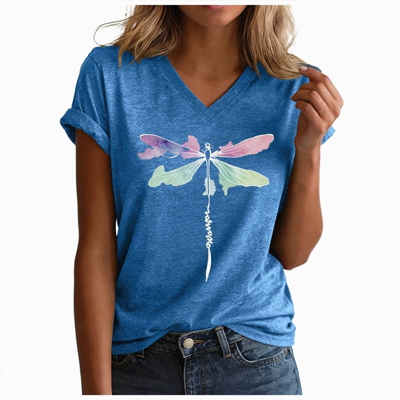 Paguaki Womens Fashion Casual Dragonfly Printed V Neck Short Sleeve T Shirt Top