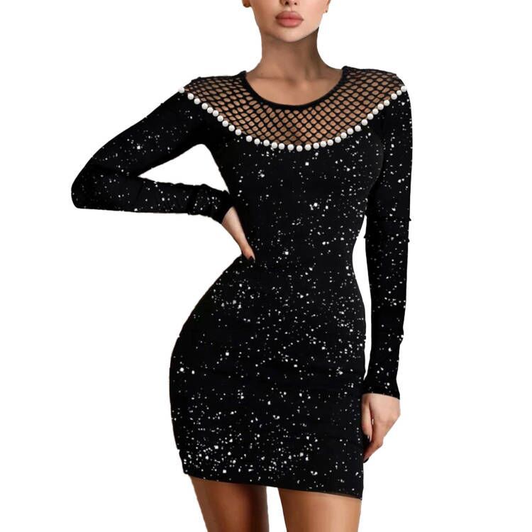 Woose Women's Puff Long Sleeve Dress High Waist Mesh Hot Rhinestones Pearls Dress Temperament Slim Packag Hip Dresses, Size: 2XL, White