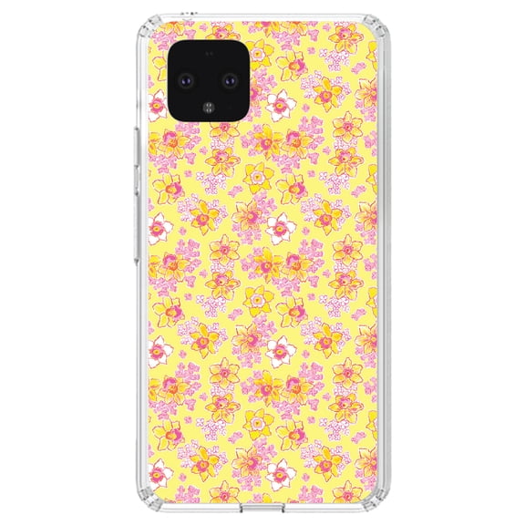 DistinctInk Clear Shockproof Hybrid Case for Google Pixel 4 (5.7" Screen) - TPU Bumper, Acrylic Back, Tempered Glass Screen Protector - Preppy Pattern - Pink Yellow White Flowers Floral