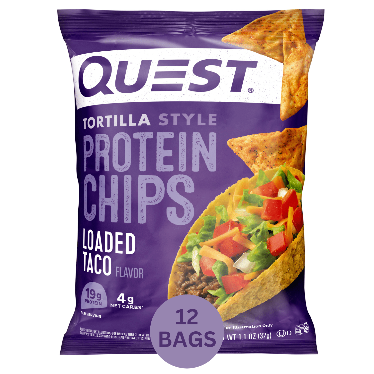 Quest Tortilla Style Protein Chips, Loaded Taco Flavor, Gluten Free, Baked, 1.1oz Bags, 12 Count