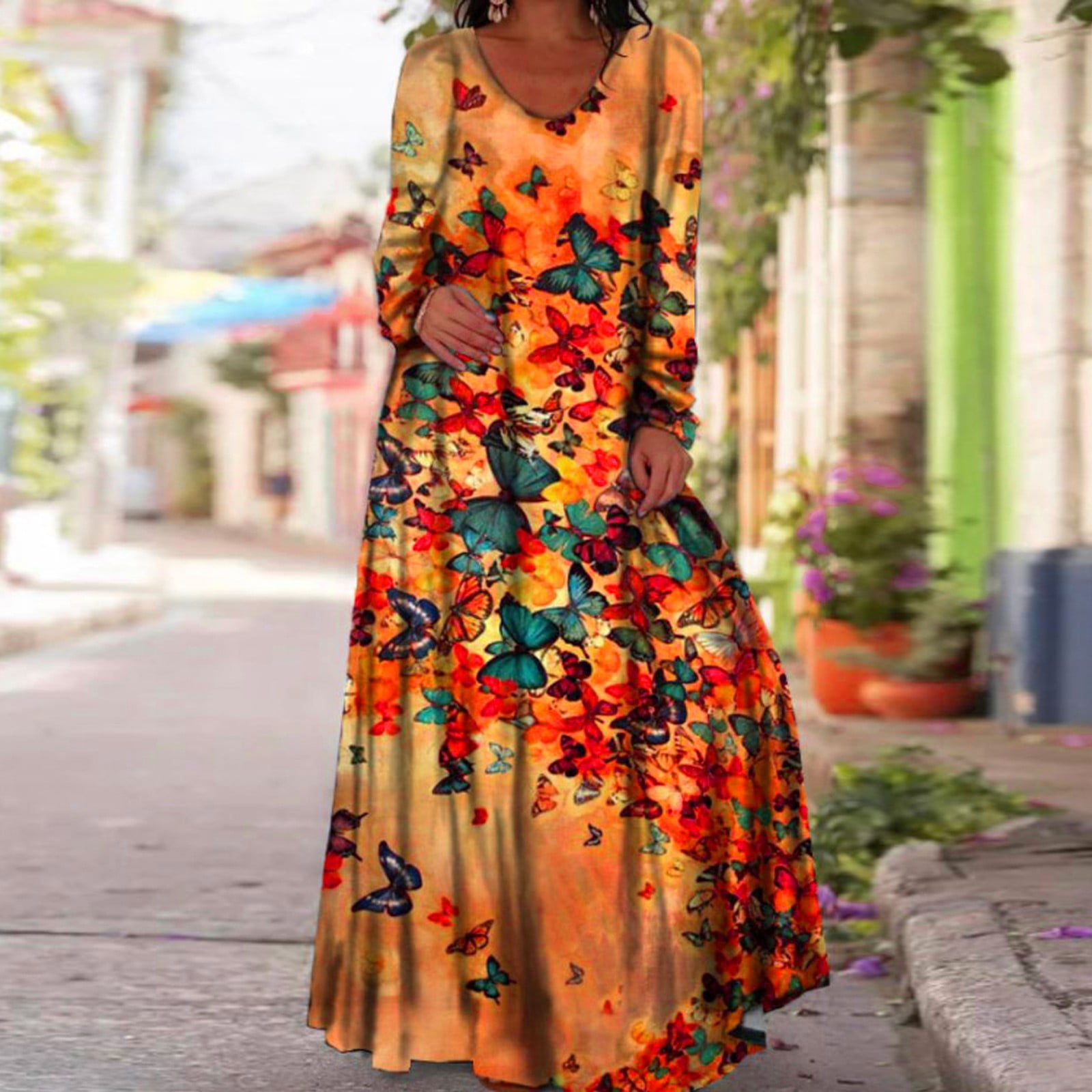 Klzjd Womens Long Sleeve Print Boho Loose Long Maxi Dress Plus Size Sundress, Women's, Size: Large, Orange