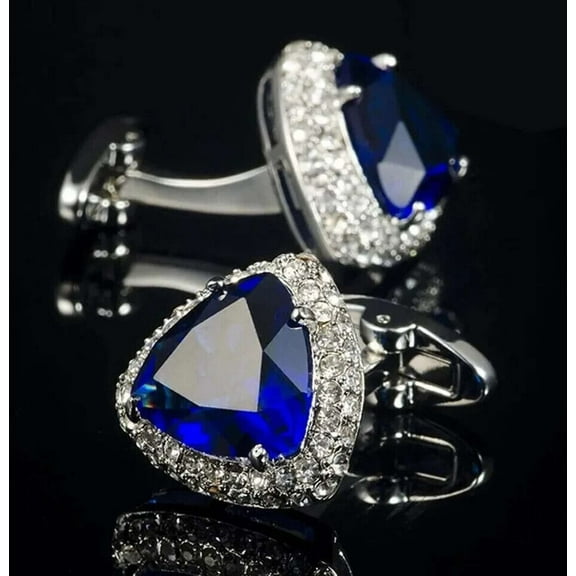 3.00CT Trillion Shape Blue Sapphire 925 Silver Men's Cufflinks In 14k White Gold Plated