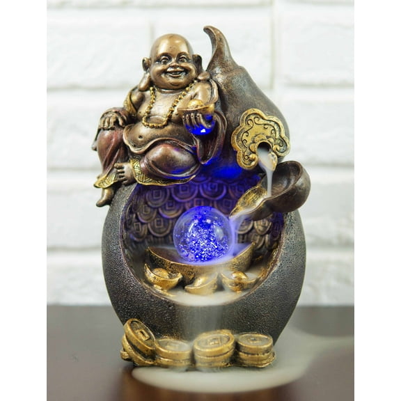 Happy Buddha Hotei Seated On Wine Gourd Backflow Incense Burner LED Light Statue