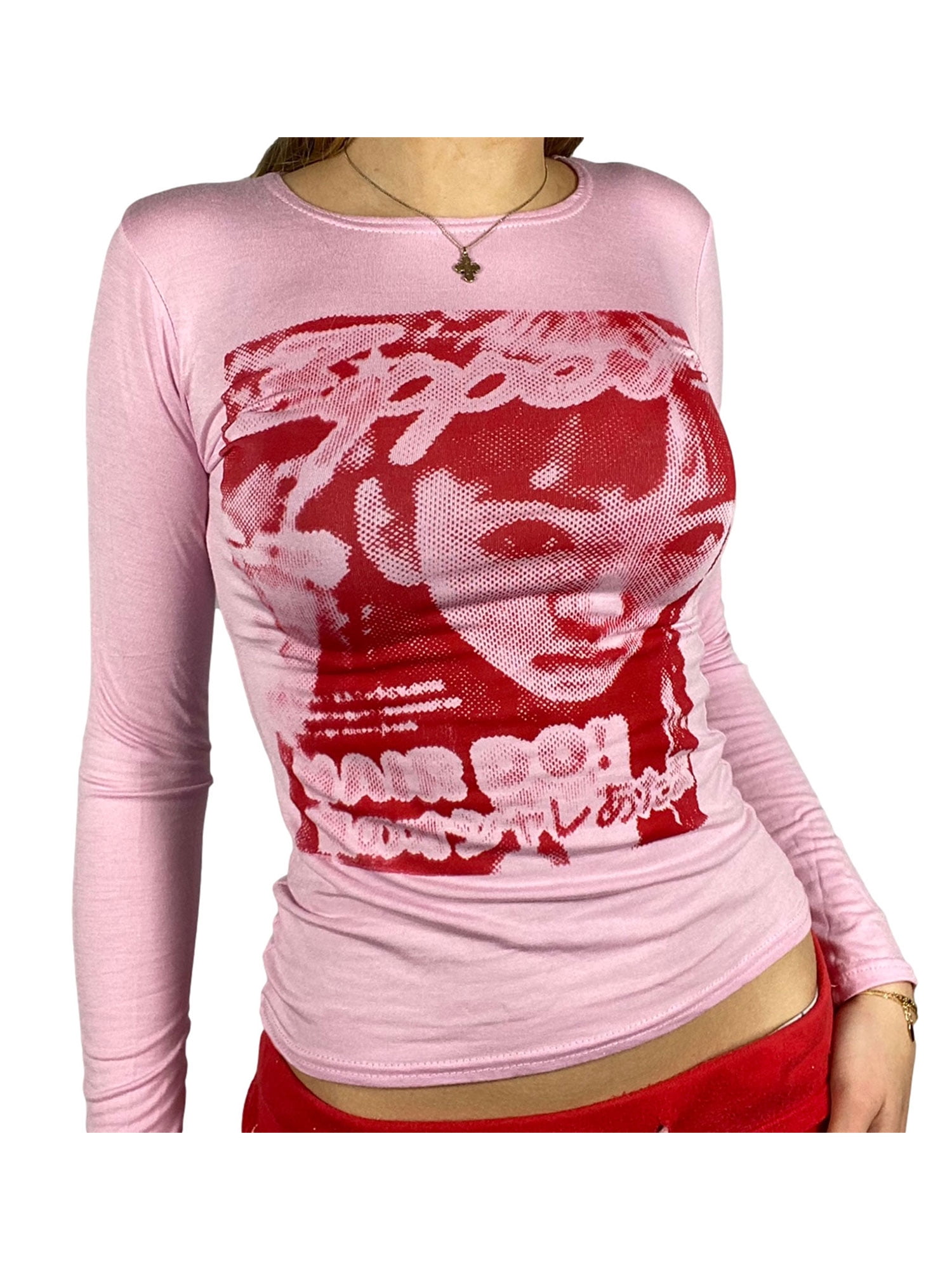 Inhalere øge dræbe Women Y2k Vintage Long Sleeve Crop Tops Face Portrait Print T-Shirts E-Girl  Aesthetic Gothic Tees Shirt Streetwear Clubwear - Walmart.com