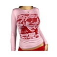 thumbnail image 2 of KOMOO Women Print T-Shirt Face Print Long Sleeve Crop Top Vintage E-Girl Harajuku Y2k Slim Tee Tops, 2 of 9
