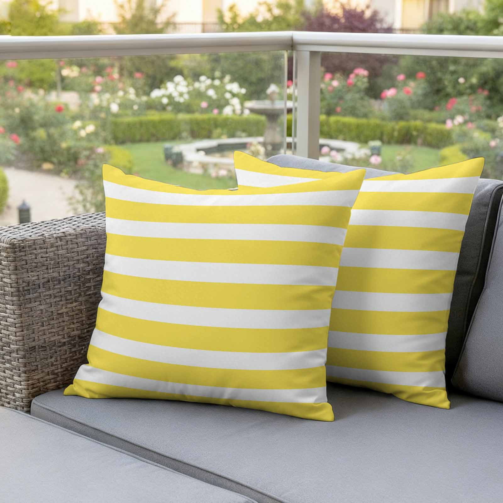 Yellow Striped Outdoor Waterproof Pillow Covers, Modern Simple Monochrome Geometric White Decorative Square Throw Pillowcase Sofa Cushion Sham for Patio/Couch/Chair, 20"x20" 2 Pack