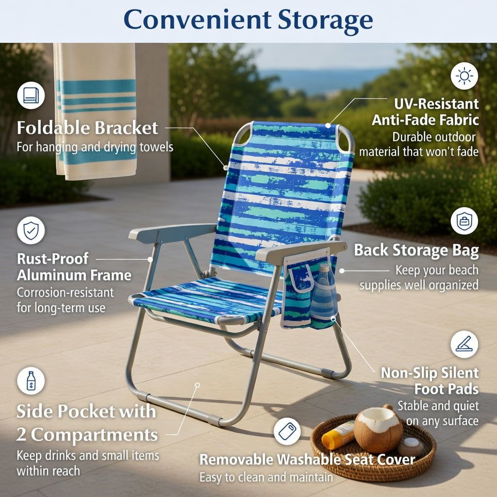 Hommoo Foldable Beach Chair with Cup Holder & Storage Pockets, Lightweight Aluminum Frame, Adjustable Backrest, Navy