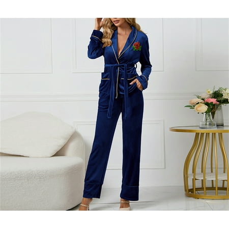 

Women s Velour Pajama Set Embroidered Buttery Soft Velvet Tie Belt Loungewear Long Sleeve Tunic with Long Pajama Pant Set