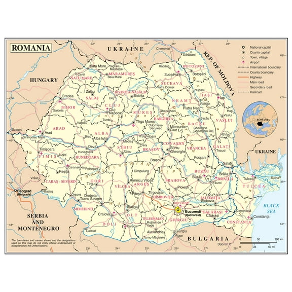 Palmetto Posters 24x31 Laminated Poster: Large detailed political and administrative map of romania with roads railroads major cities and airports