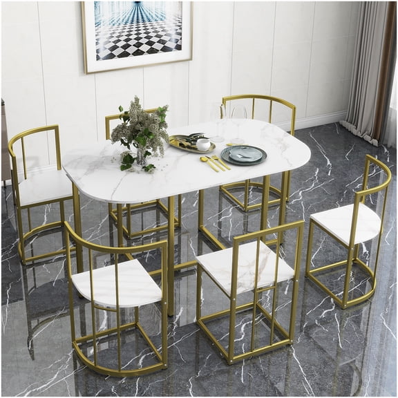 CHAMPFLAG 55 Inch Round Dining Table Set for 6, 7-Pc Faux Marble Top Kitchen Set with Gold Chairs, Modern Small Space Furniture