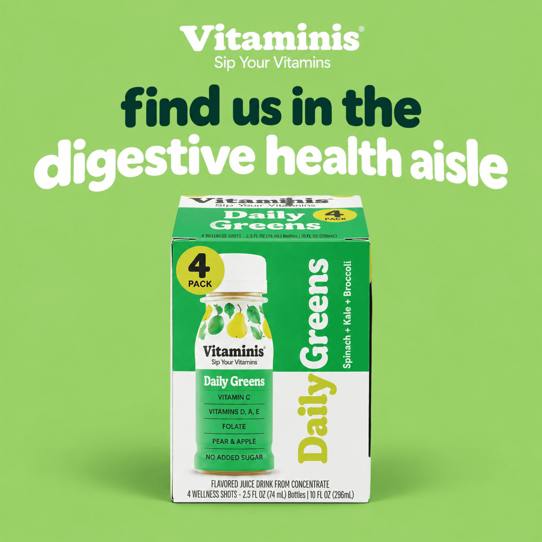 Vitaminis Daily Greens Shot, Apple Pear Juice Drink with Vitamins C, D, A, E & Folate, No Added Sugar, Non-GMO, Gluten-Free, Shelf-Stable Mini Bottles, 2.5 fl oz, 4 Count
