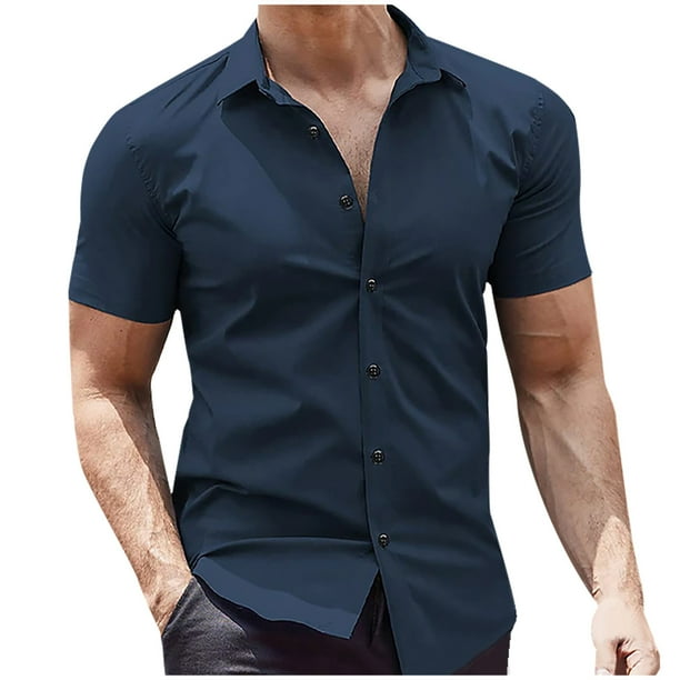 Camisas de Lino de Manga Corta de los Hombres de Color Sólido, Cárdigan Casual Resistente a las Arrugas Y Botón para el Hogar, la Oficina Y el Uso de Verano