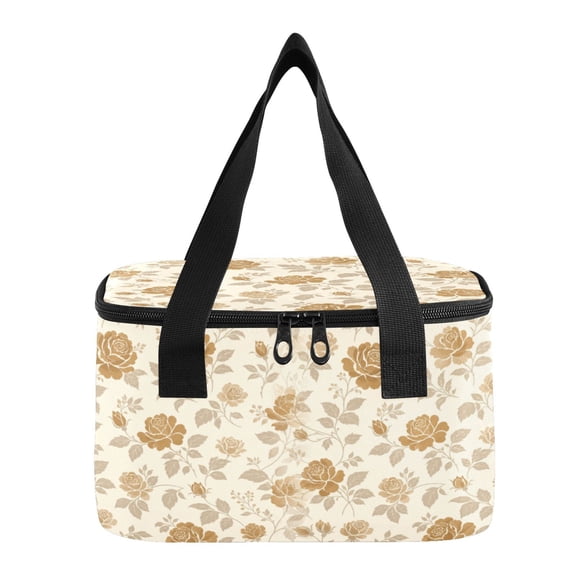 6L Insulated Lunch Bag Square Handheld Cooler Tote Beige Floral Rose Pattern Reusable Thermal Bag with Polyester & Aluminum Lining for Work Picnic Travel