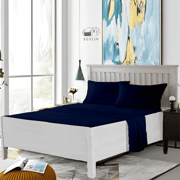 Egylin 800 Thread Count 100% Egyptian Cotton Waterbed Sheets Set 4Pc Set Attached with Fitted Sheet 14" Deep Pocket Attached Waterbed Sheet (Navy Blue , Single)