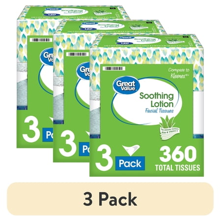 (3 pack) Great Value Lotion Soothing Facial Tissues, 3 Flat Boxes (360 Total Tissues)