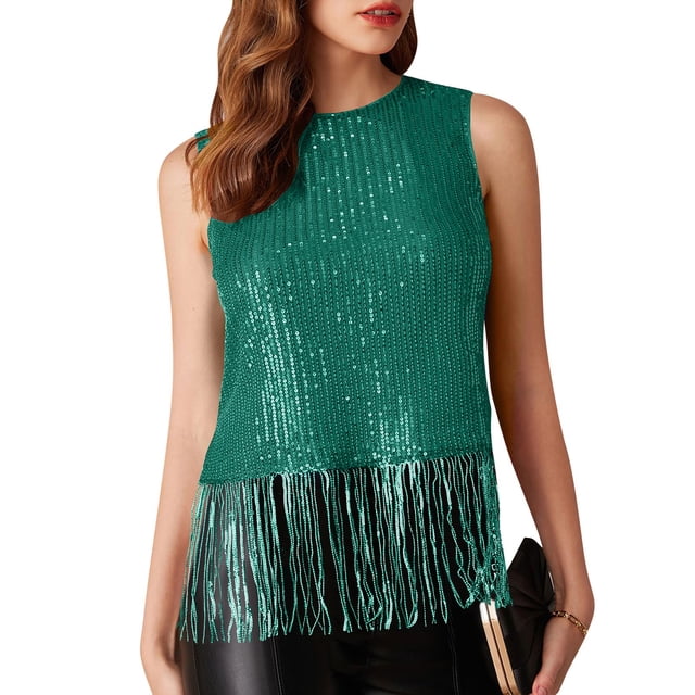Weiqiqre Vêtements pour Femmes Débardeur Sans Manches Col Rond à Franges Paillettes Crop Top de Fête