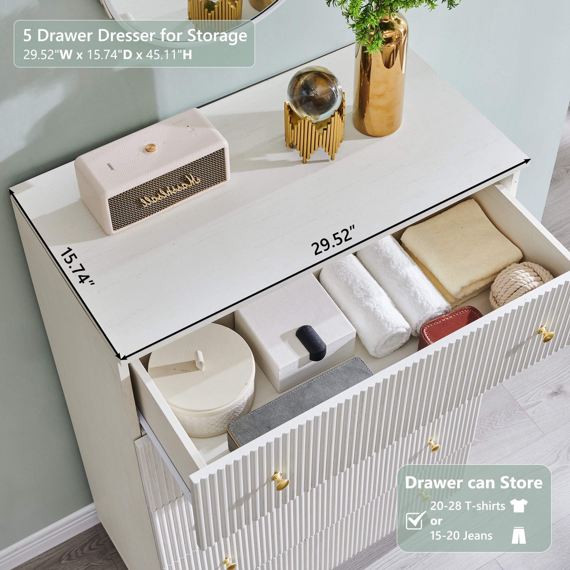 wow97e Fluted 5 Drawers Dresser, Wood Tall Chest of Drawers with Deep Storage, Modern Bedroom Chest for Closet Hallway, Entryway, Living Room