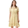thumbnail image 1 of Unique Bargains Robe en Mousseline à Fleurs pour Femme, Ourlet à Volants, Manches Courtes, Ligne A, Smockée, Beige, P, 1 of 4