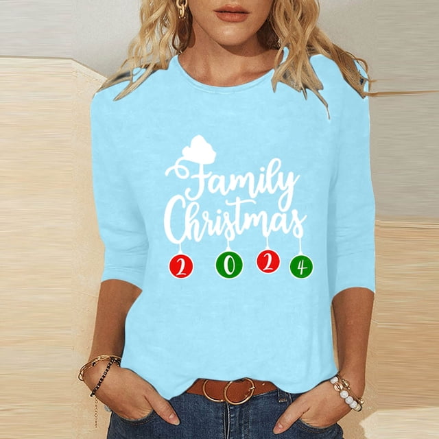 Aqestyerly Hauts de Noël pour Femmes Mode Féminine T-Shirt Imprimé de Noël Manches 3/4 Blouse Col Rond Hauts Décontractés