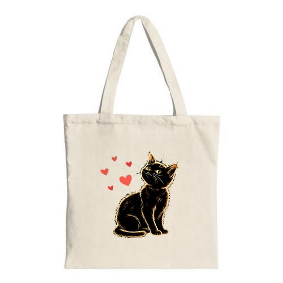 Cute Black Cat Tote Bag - Canvas Upright Cat with Closed Eyes & Red Hearts Perfect for Shopping Travel & Parties