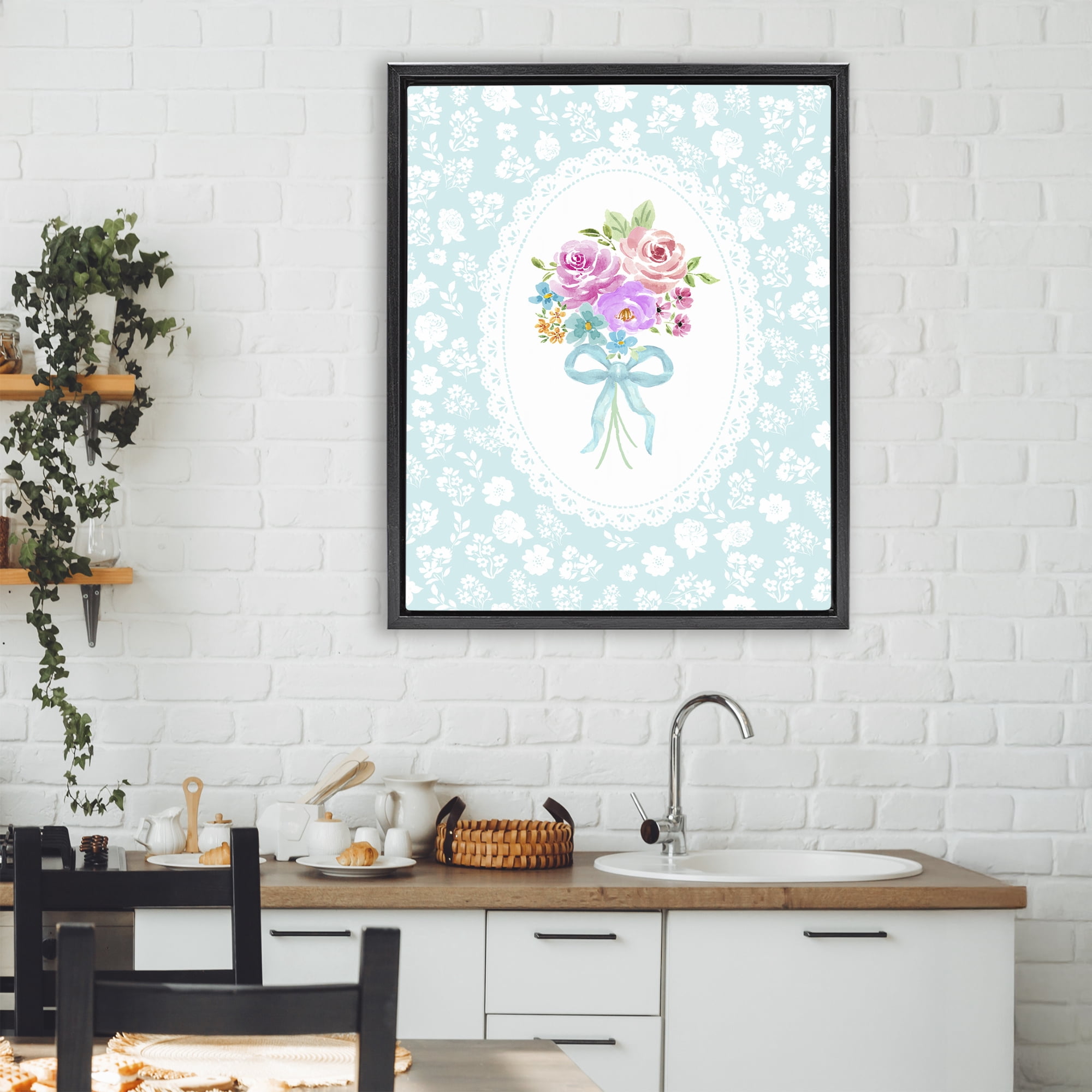 Stupell Industries Aqua Feminine Bouquet Black Framed Floater Canvas Wall Art, design by Corinne Haig