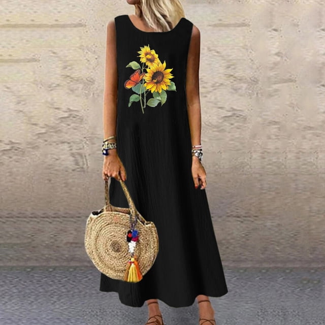 FcBaudy Robe Sans Manches Col Rond, Robes d'Été pour Femmes, Robes Mode Femmes Robes d'Été Décontractées Col Rond Sans Manches avec Poches Robe Longue de Plage pour Vacances