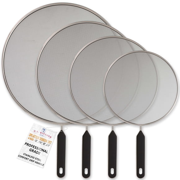 U.S. Kitchen Supply Juego de 4 pantallas clásicas contra salpicaduras de 13", 11,5", 10" y 8" - Asas de agarre cómodas de malla fina de acero inoxidable - Uso en ollas hirviendo, sartenes - Tapa de co