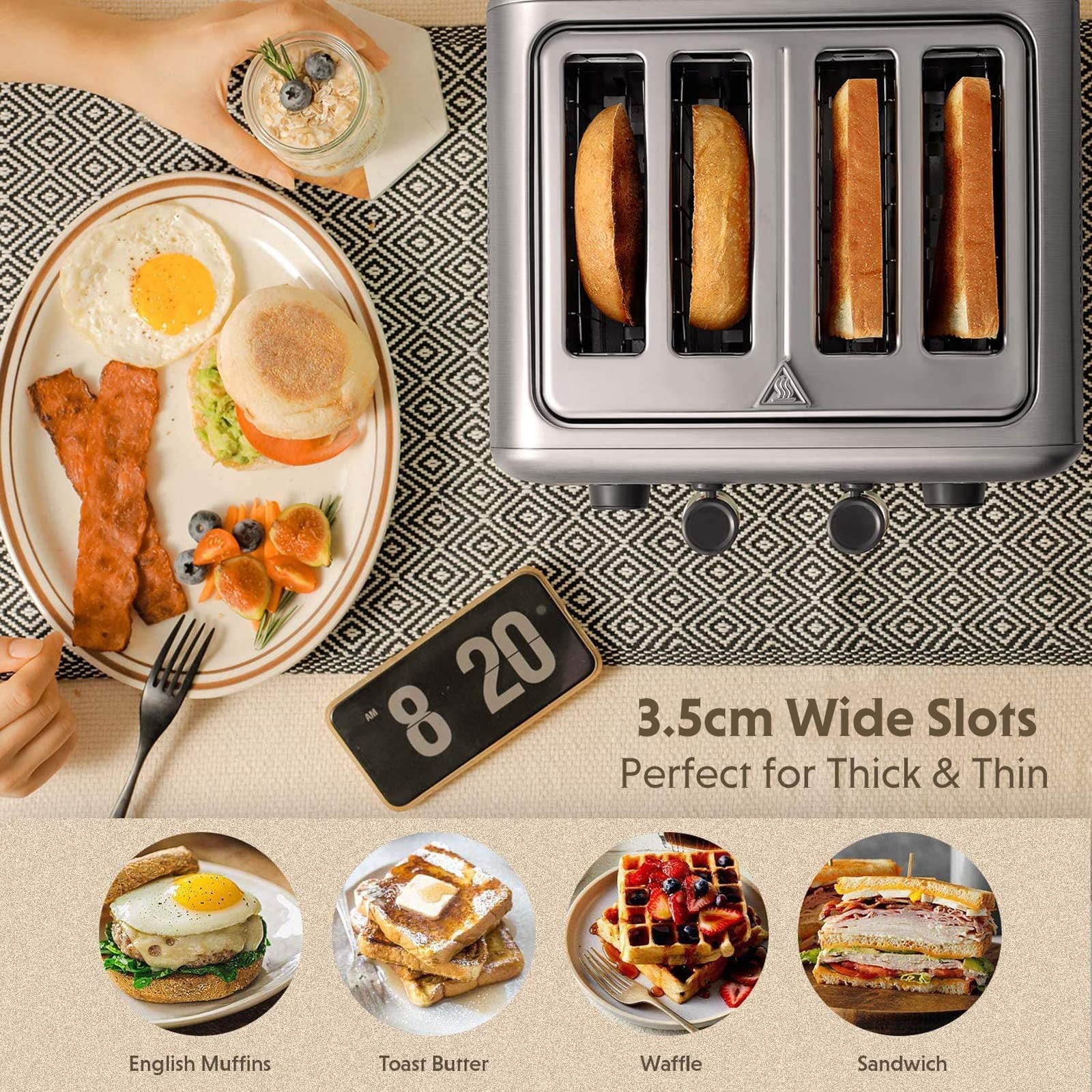 BUYDEEM DT640 4-Slice Toaster, Extra Wide Slots.7-Shade Settings (Stainless Steel)