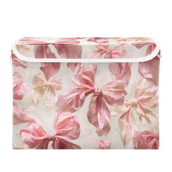 Soft Pink Bows Foldable Storage Bin with Lid and Handle Collapsible Storage Box 16.5 x 12.6 x 11.8 inches