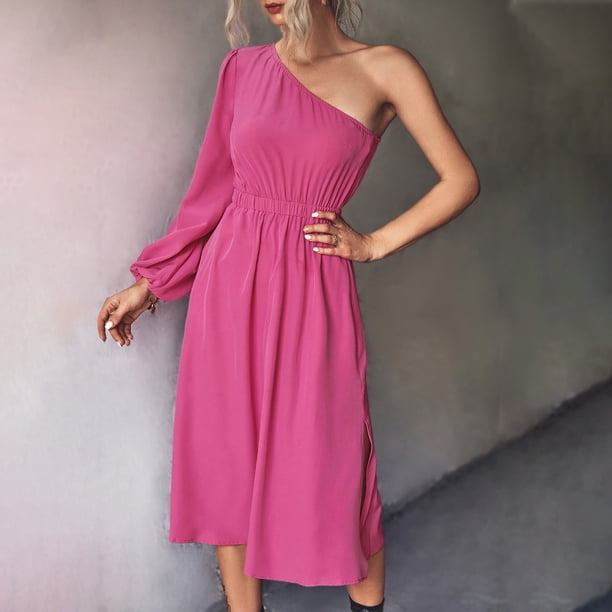 homecoming dresses 2022 plus size Dadaria with Sleeves Fashion Women Off Shoulder Solid Color Long Sleeve Elastic Waist Long Dress Hot Pink XS,Women size_8/10/M