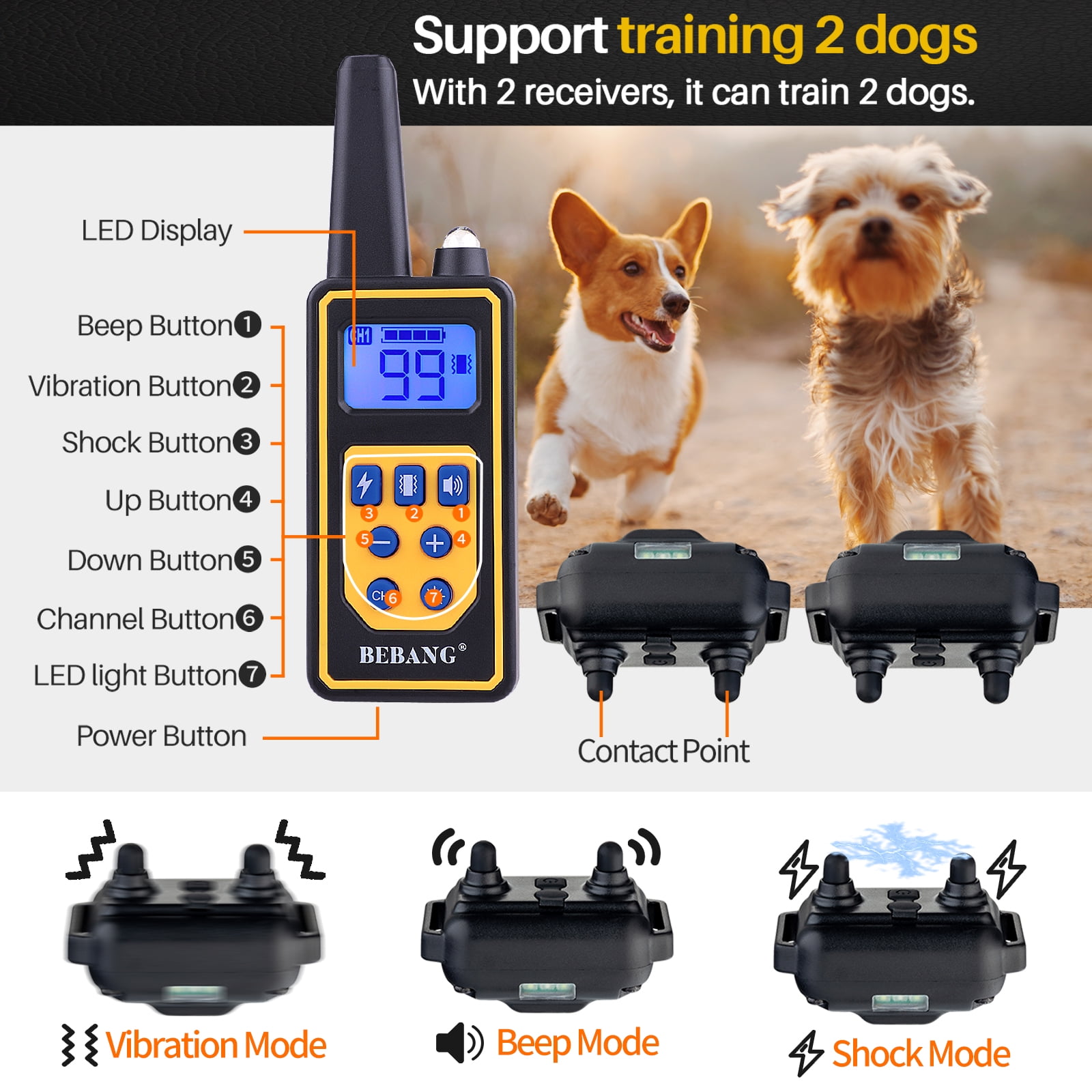 Bebang Dog Training Collars For 2 Dogs Dog Shock Collar With Remote 880yards 3 Modes Waterproof Led Light Usb for Training Small Medium Large Dogs